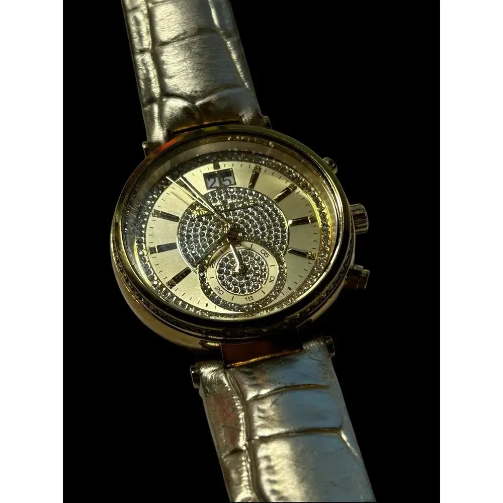 Michael Kors MK2444 Sawyer Champagne Dial Gold Leather Strap Chrono Women Watch